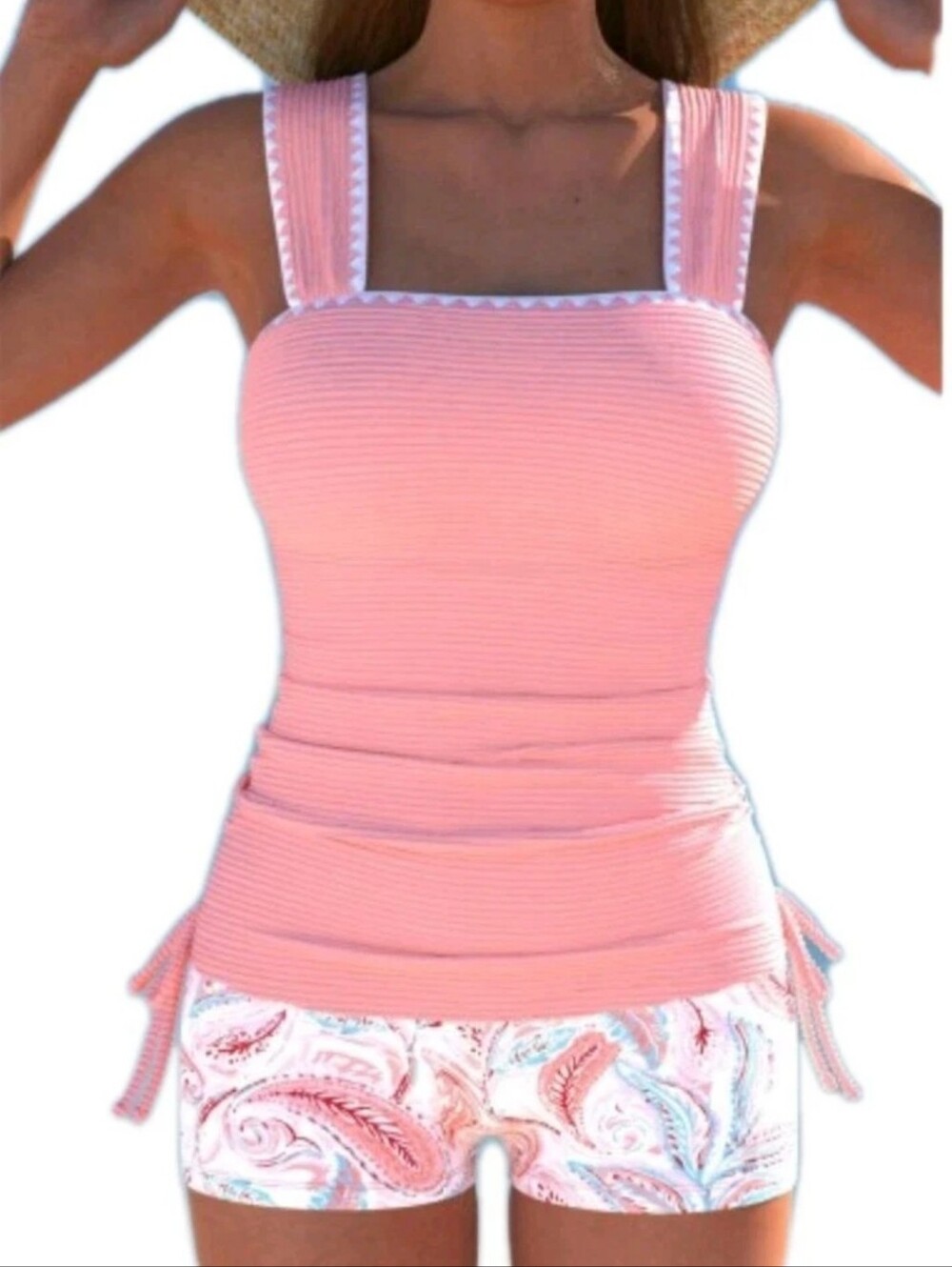 NEW ROTITA Drawstring Pink/Peach Paisley Print Tankini Boy Shorts Swimsuit Large